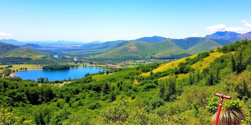 Lindo cenário natural de Mairinque com lago e colinas.